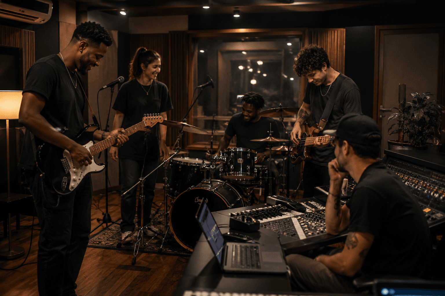 Banda tocando em estúdio de música com produtor na mesa de mixagem